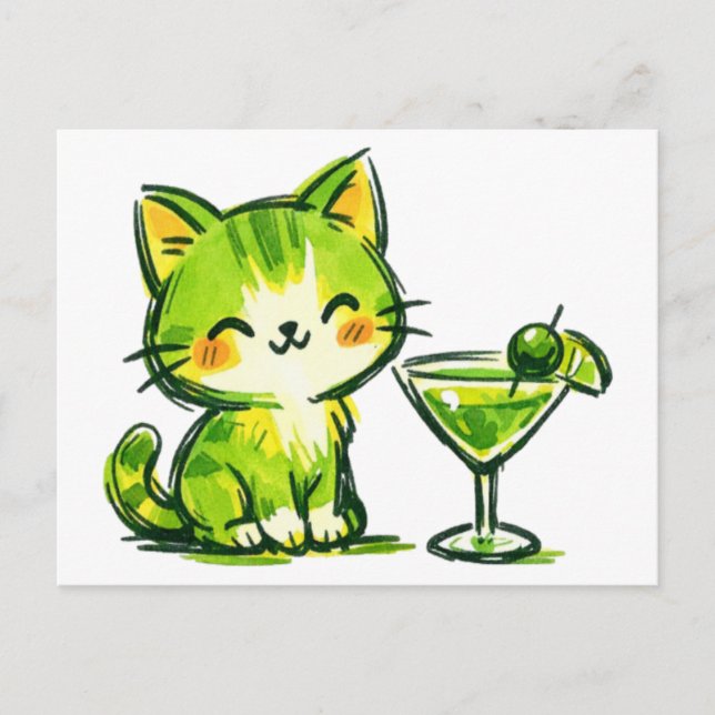 Grüne Cocktails und Katzen Postkarte (Vorderseite)