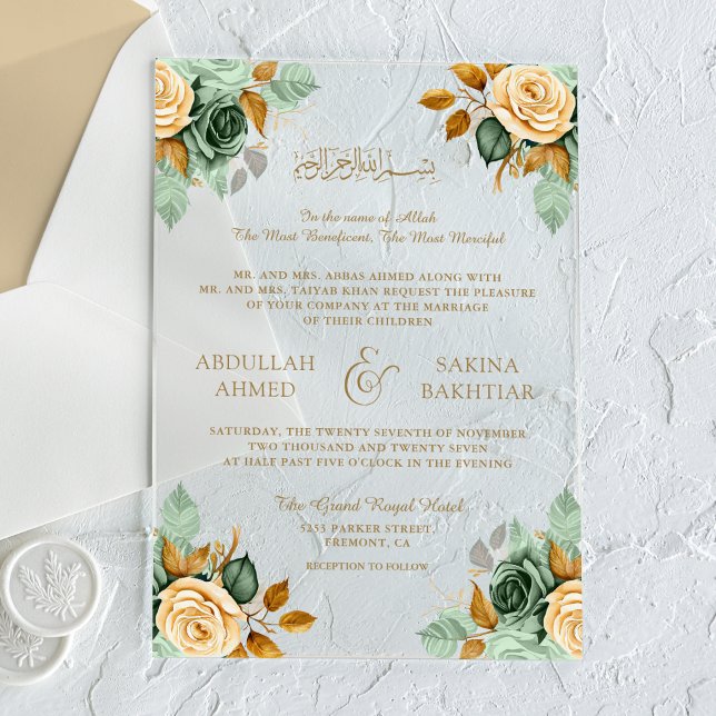Grüne Creme Floral Gold Muslimische Hochzeit Acryleinladungen (Von Creator hochgeladen)