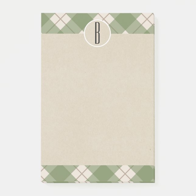Grüne Creme Kariert Kraft Rustic Monogram Initial Post-it Klebezettel (Vorderseite)