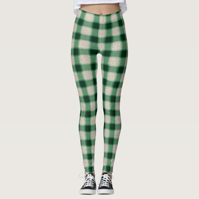 Grüne Creme Kariert Leggings (Vorderseite)
