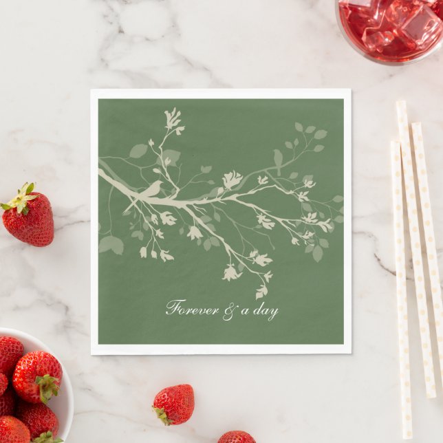 Grüne Creme-Vogel-Zweig-Blumen-Hochzeit Serviette (Beispiel)