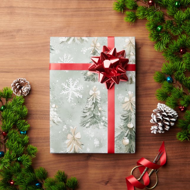 Grüne Creme Weihnachtsbäume Schneeflocken Geschenkpapier (Feiertagsgeschenk)