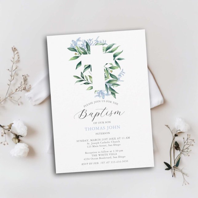 Grüne Cross Blue Botanical Baby Boy Taufe Einladung (baby boy baptism invitation greenery white cross foliage watercolor elegant simple classic modern)