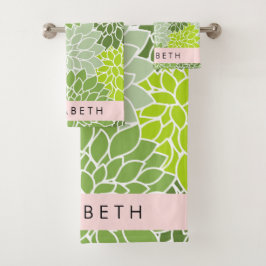 Grüne Dahlia-Blume, Blumenmuster, Ihr Name Badhandtuch Set