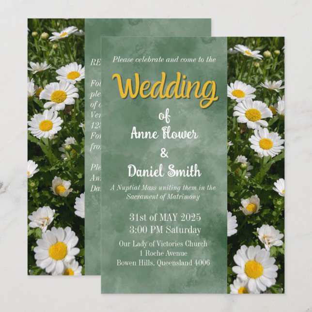 Grüne Daisy Katholische Hochzeit Einladung (Vorne/Hinten)