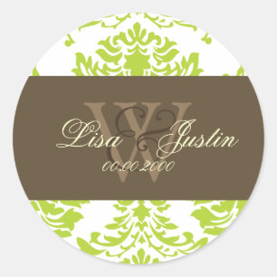 Grüne Damast-Monogramm-Hochzeitsaufkleber Runder Aufkleber