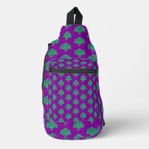 Grüne Damastmuster auf Lila Crossbody Bag