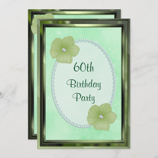 Grüne Diamant Blume & Perlen 60. Geburtstag Einladung (Vorne/Hinten)