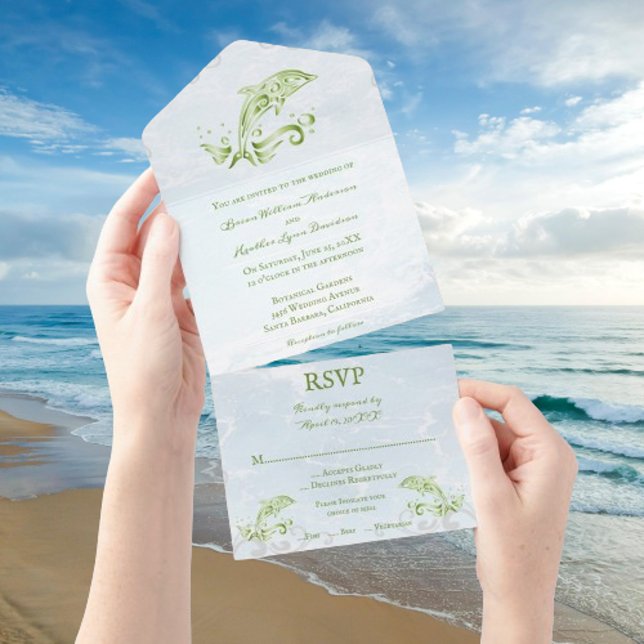 Grüne Dolphin in einer Hochzeit All In One Einladung (Green Dolphin All in One Wedding Invite)
