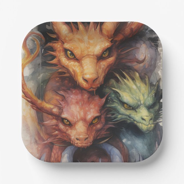 Grüne Drachen in Rot-Orange Pappteller (Vorderseite)