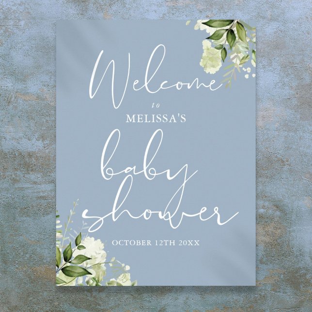 Grüne Dusty Blue Baby Dusche Begrüßungszeichen Poster (Greenery Dusty Blue Baby Shower Welcome Sign)