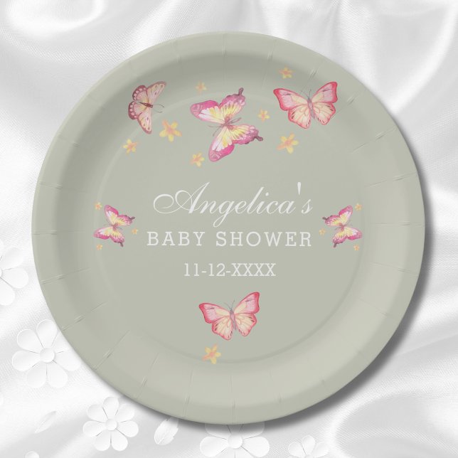 Grüne Dusty Pink Peach Butterfly Babydusche Pappteller (Von Creator hochgeladen)