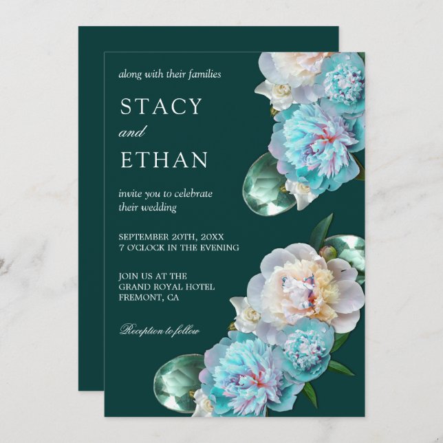 Grüne Edelsteine und türkisfarbene Peonies Blumenh Einladung (Vorne/Hinten)