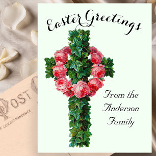 Grüne Efeu-Blumenkreuz Vintage Ostern Religiös Postkarte