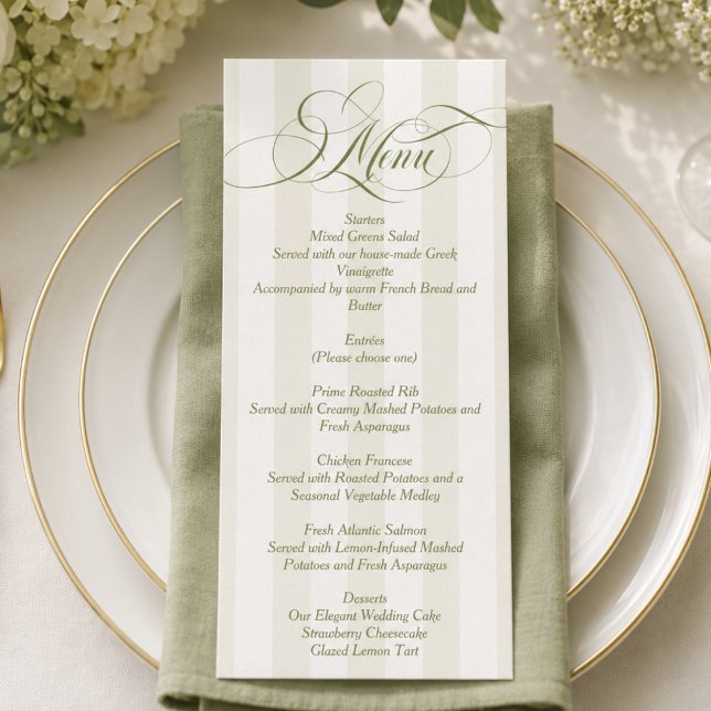 Grüne einfache elegante Skript-Hochzeit Menükarte (Von Creator hochgeladen)