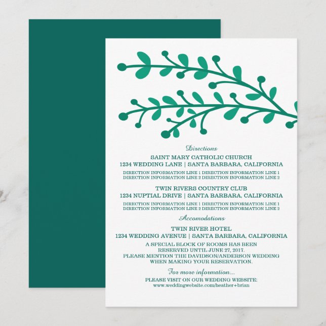 Grüne, einfache Hochzeitsinformationen Einladung (Vorne/Hinten)