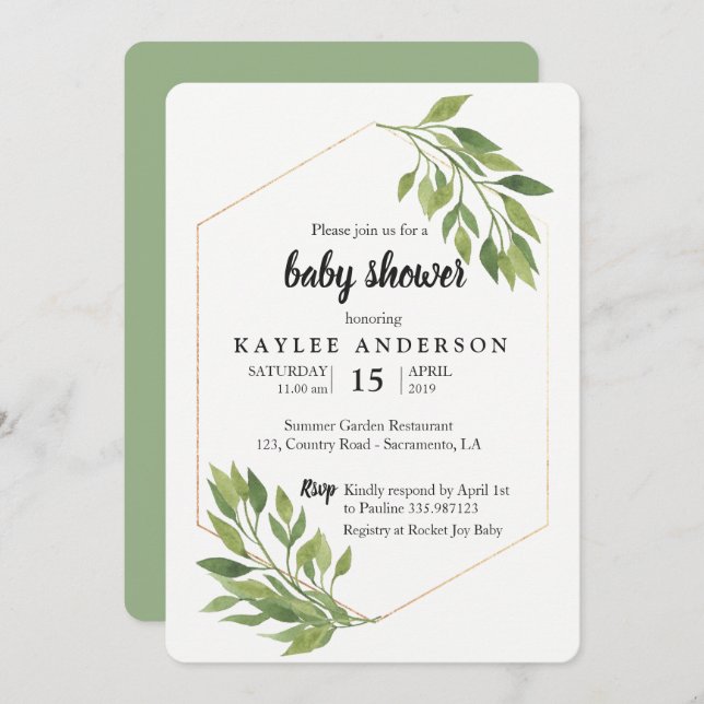 Grüne elegante Babydusche - Einladung (Vorne/Hinten)