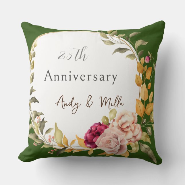 Grüne Elegante Blumenreath 25. Hochzeit Kissen (Vorderseite)