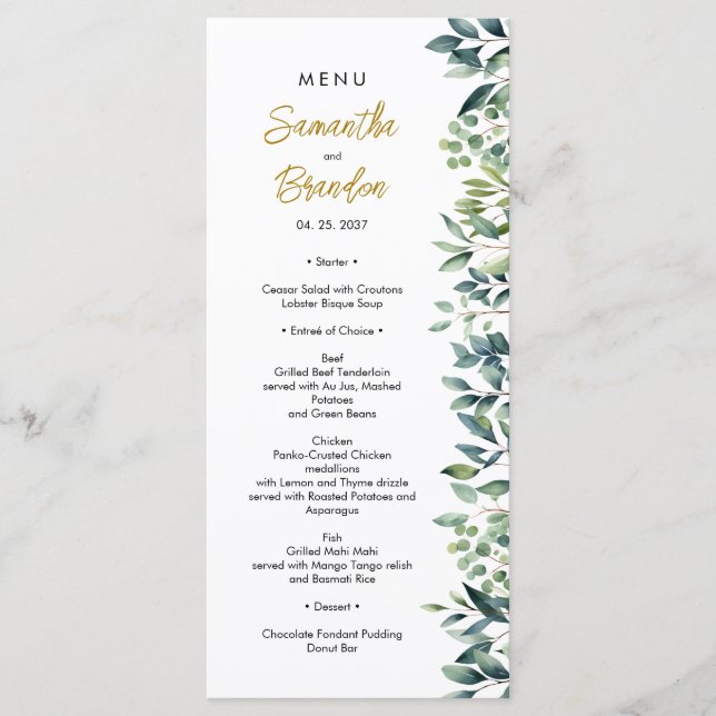 Grüne elegante botanische Blätter Hochzeit Menükarte (Vorderseite)