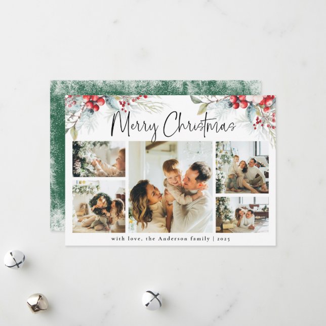 Grüne Elegante Botanische Fotocollage Weihnachten (Vorderseite/Rückseite Beispiel)