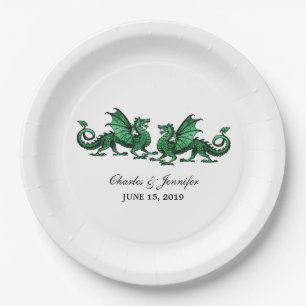 Grüne, elegante Drachen Hochzeitspapier-Teller Pappteller
