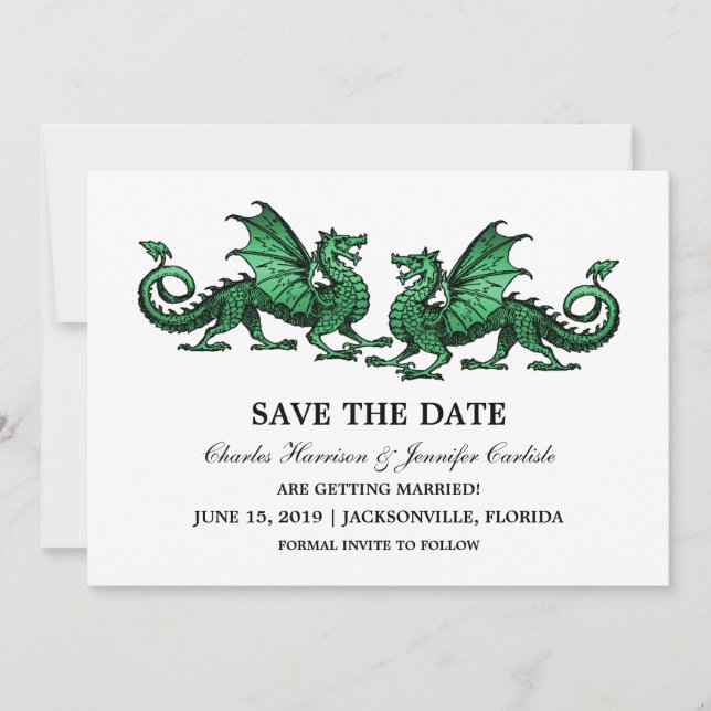 Grüne Elegante Drachen Save the Date einladen (Vorderseite)