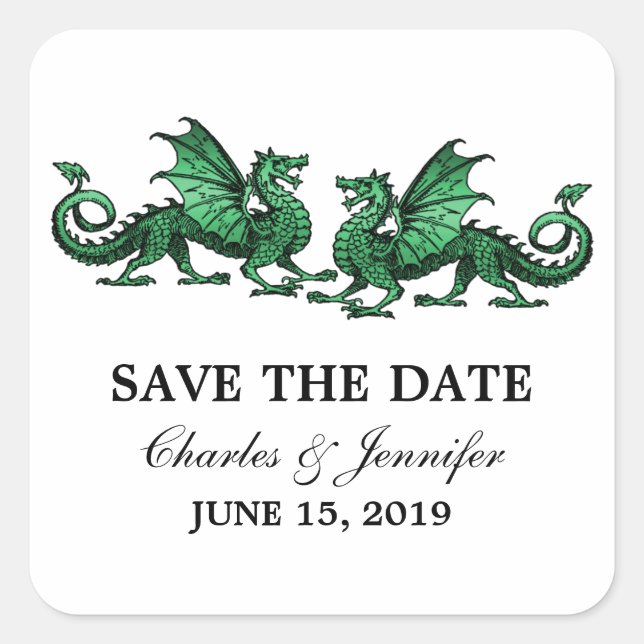 Grüne, elegante Drachen Save the Date Stickers (Vorderseite)