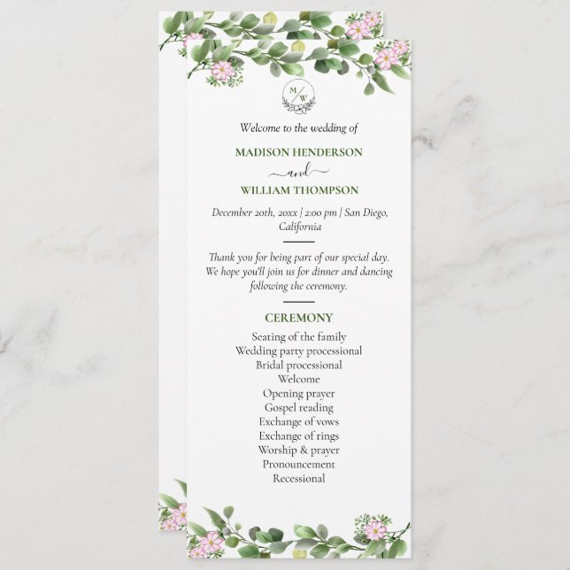 Grüne Elegante und schöne Blumenhochzeit Programm (Vorne/Hinten)