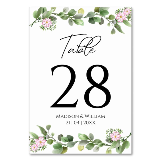 Grüne Elegante und schöne Blumenhochzeit Tischnummer (Vorderseite)