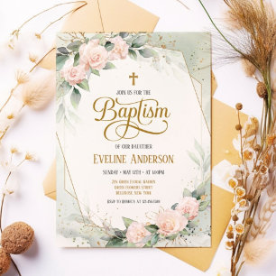 Grüne Elegante Vintage Aquarelltaufe Einladung