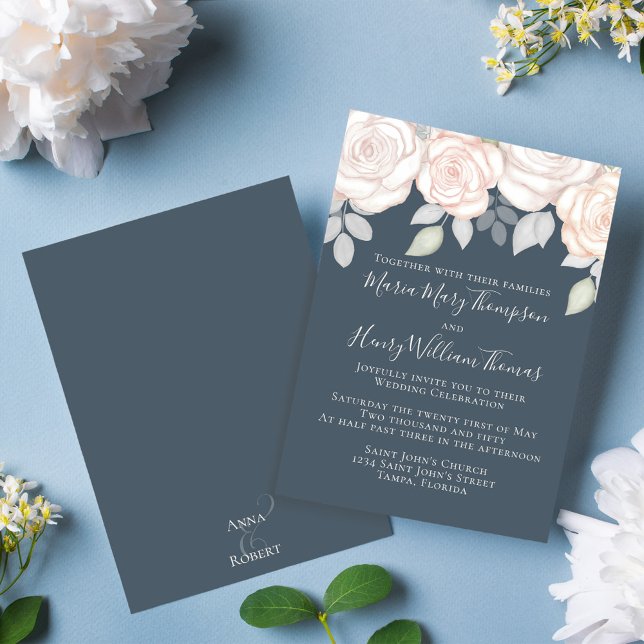 Grüne Elegante Wasserfarbe Rustikale Blumengrau Einladung (Elegant blush and blue wedding invitation with calligraphy script. )