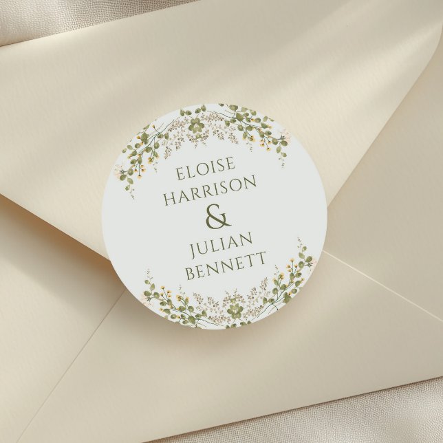 Grüne Elegante Wildblume Hochzeit Runder Aufkleber (Von Creator hochgeladen)