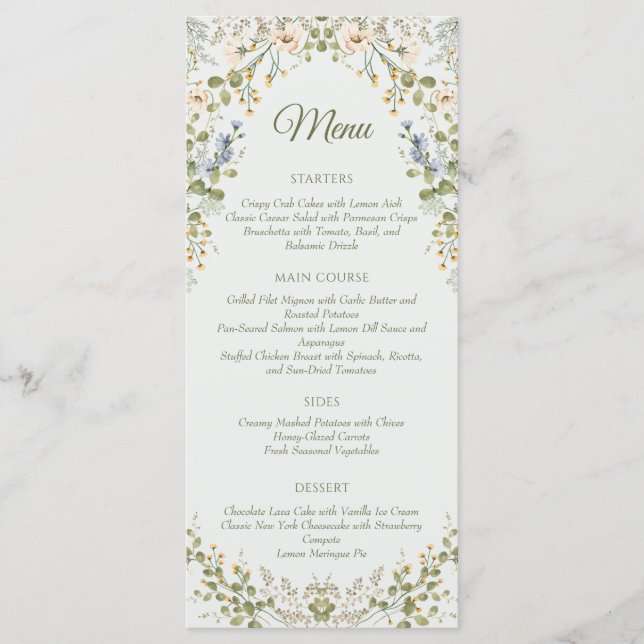 Grüne Elegante Wildblume Pastel Wedding Menükarte (Vorderseite)