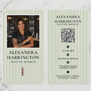 Grüne Elfenbein-Friseuse Master Barber Foto-QR-Cod Visitenkarte