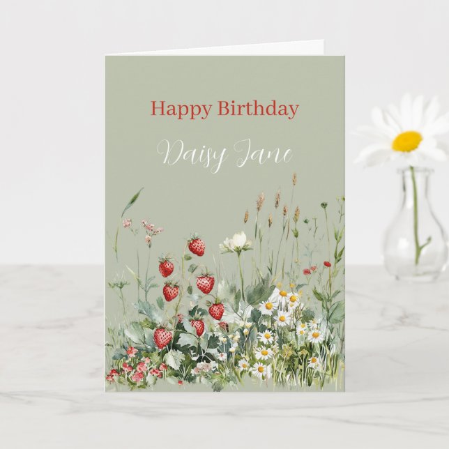 Grüne Erdbeeren Gänseblümchen Blumen Geburtstag Karte (Kleine Pflanze)