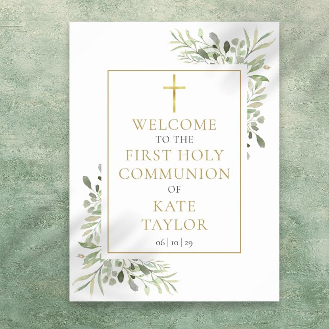 Grüne Erste heilige Kommunion Begrüßungszeichen Poster (Greenery First Holy Communion Welcome Sign)