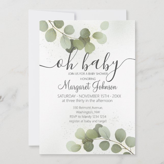 Grüne Eucalyptus Baby Dusche Einladung (Vorderseite)