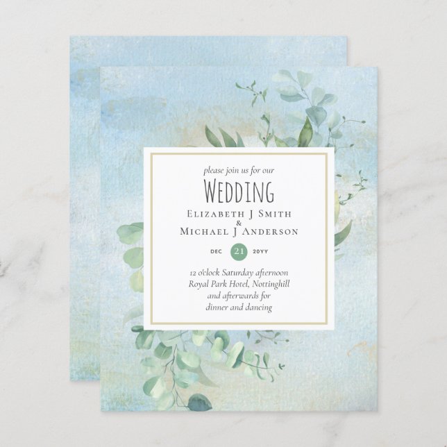Grüne Eucalyptus Blue Wedding BUDGET lädt ein (Vorne/Hinten)