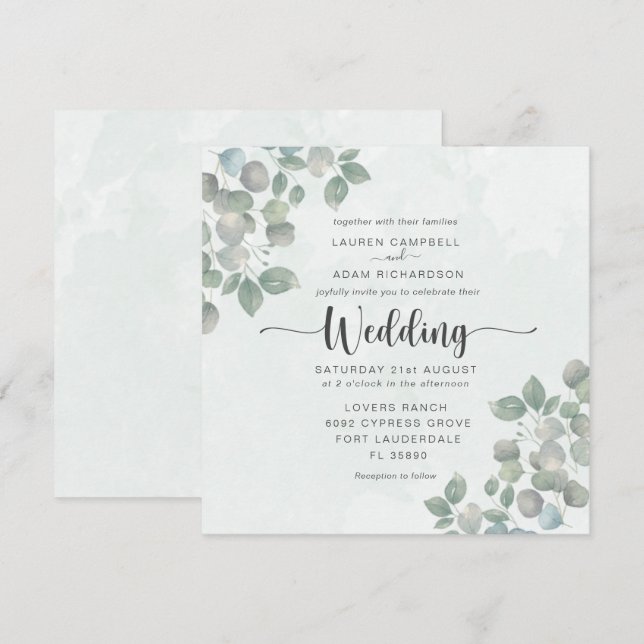 Grüne Eucalyptus Watercolor Einladung zur Hochzeit (Vorne/Hinten)