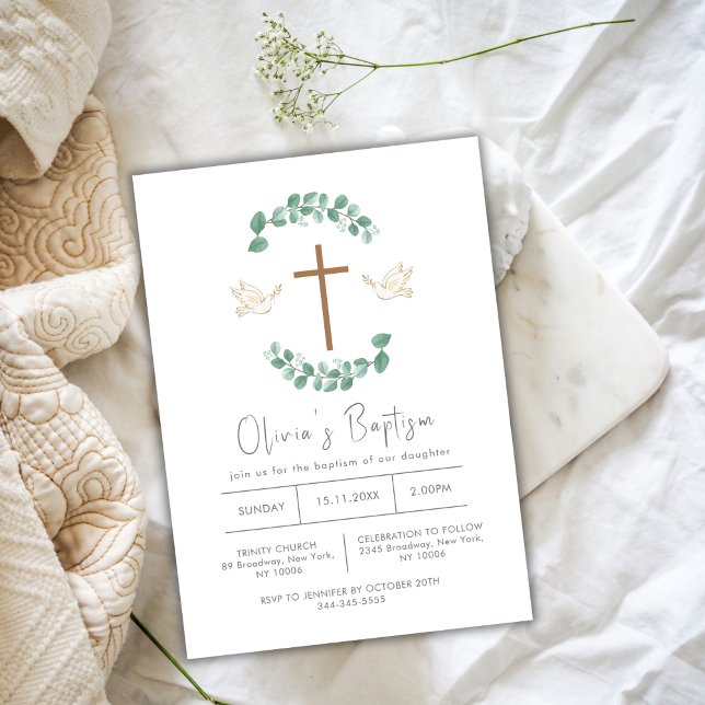 Grüne Eukalyptus Bird Cross Christening Taufe Einladung (Greenery Eucalyptus Bird Cross Christening Baptism Invitation)