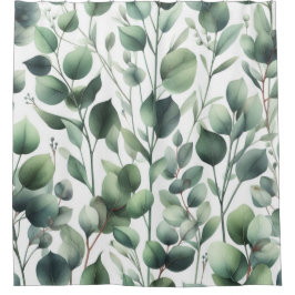 Grüne Eukalyptus-Blätter auf dem weißen Duschvorha Duschvorhang