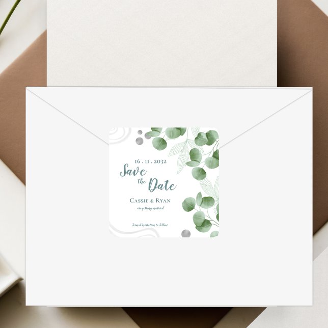 Grüne Eukalyptus-Blätter Hochzeit Sichern Sie das  Quadratischer Aufkleber (Greenery Eucalyptus Leaves Wedding Save the Date Square Sticker)