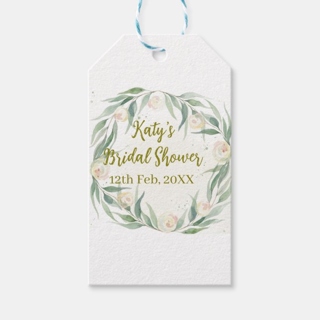 Grüne Eukalyptus-Blumen-Brautparty Name Datum gehe Geschenkanhänger (Vorderseite)