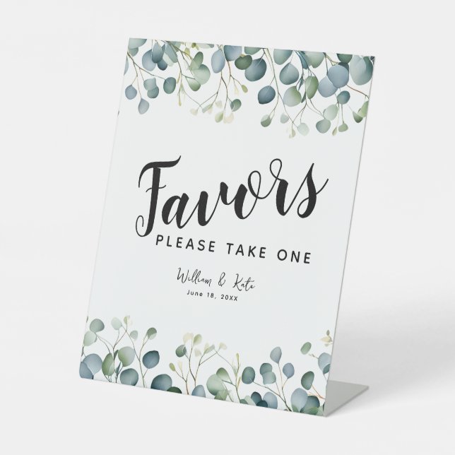 Grüne Eukalyptus Favors Party Hochzeit Sockelschild (Vorderseite)
