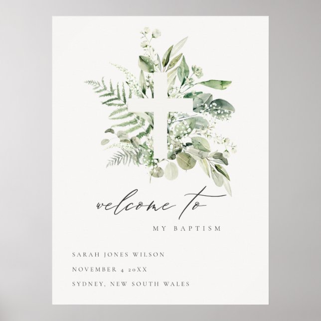 Grüne Eukalyptus Fern Fauna Cross Taufen Willkomme Poster (Vorne)