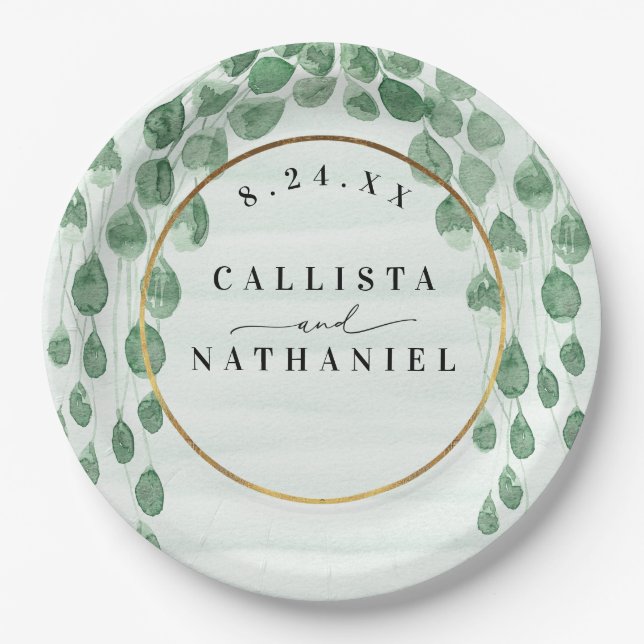 Grüne Eukalyptus Garland Goldmedaille Hochzeit Pappteller (Vorderseite)