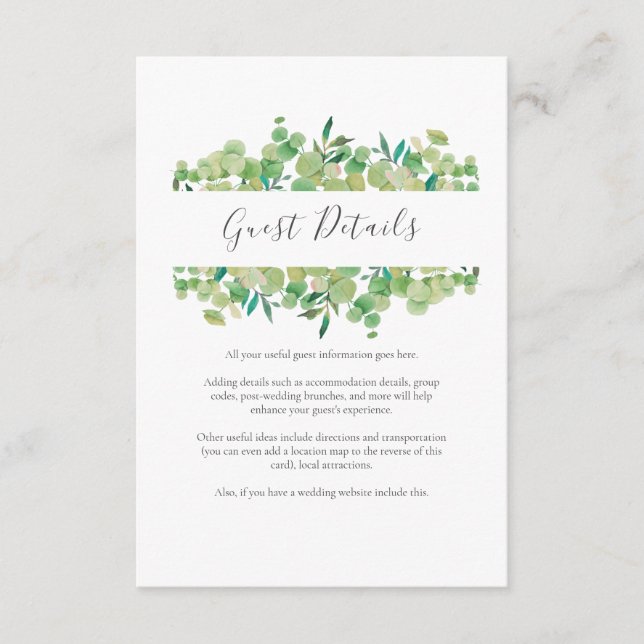 Grüne Eukalyptus Gastinformationen Begleitkarte (Vorderseite)