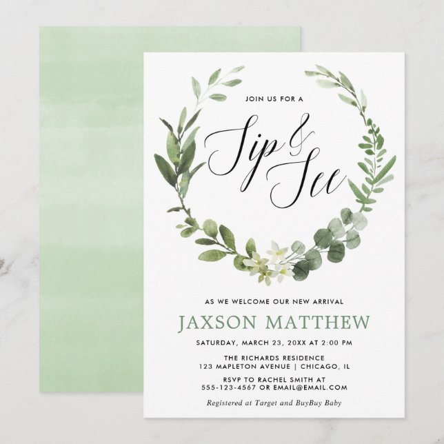 Grüne eukalyptus geschlechtsneutral sip und siehe einladung (Vorne/Hinten)