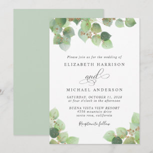 Grüne Eukalyptus Gold Hochzeit Einladung