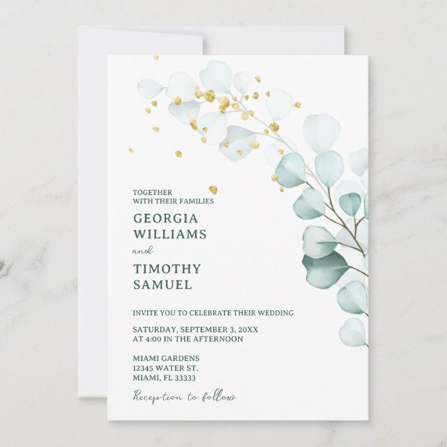 Grüne Eukalyptus-Grüne mit goldenen Glitzern Einladung (Vorderseite)